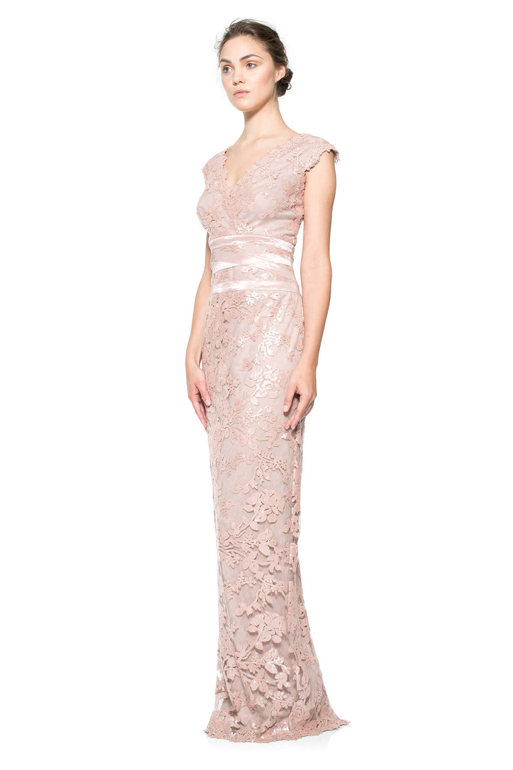 Paillette Embroidered Lace V-Neck Gown