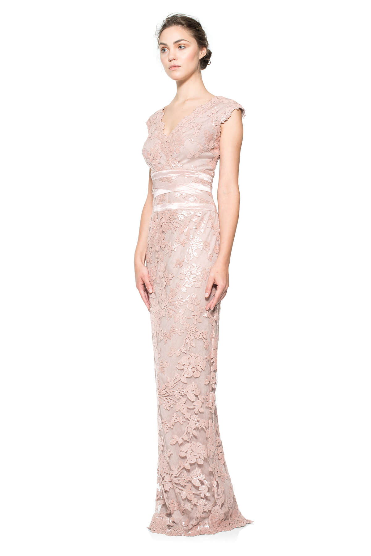Paillette Embroidered Lace V-Neck Gown