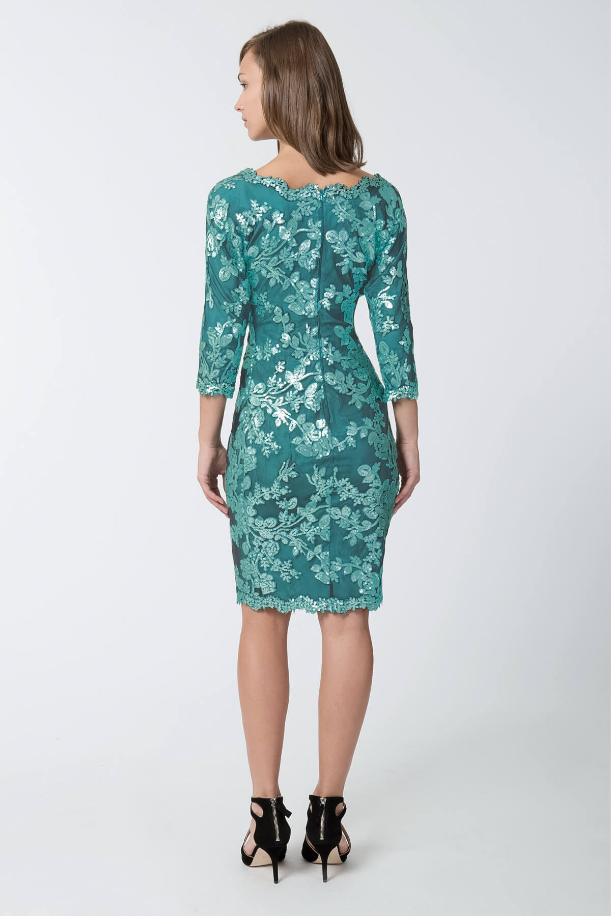 Paillette Embroidered Lace V-Neck ¾ Sleeve Dress in Mystic Teal