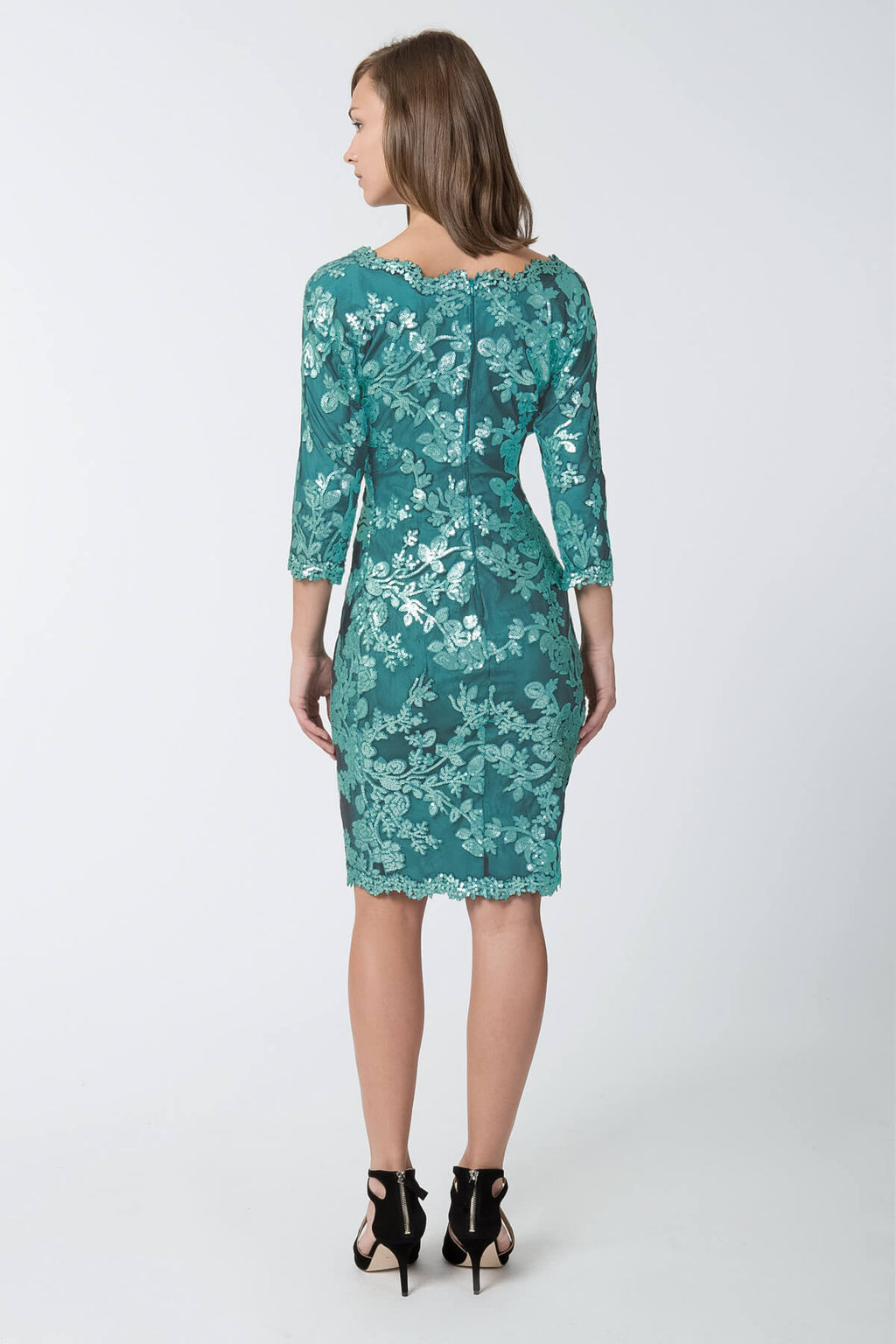 Paillette Embroidered Lace V-Neck ¾ Sleeve Dress in Mystic Teal