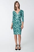 Paillette Embroidered Lace V-Neck ¾ Sleeve Dress in Mystic Teal