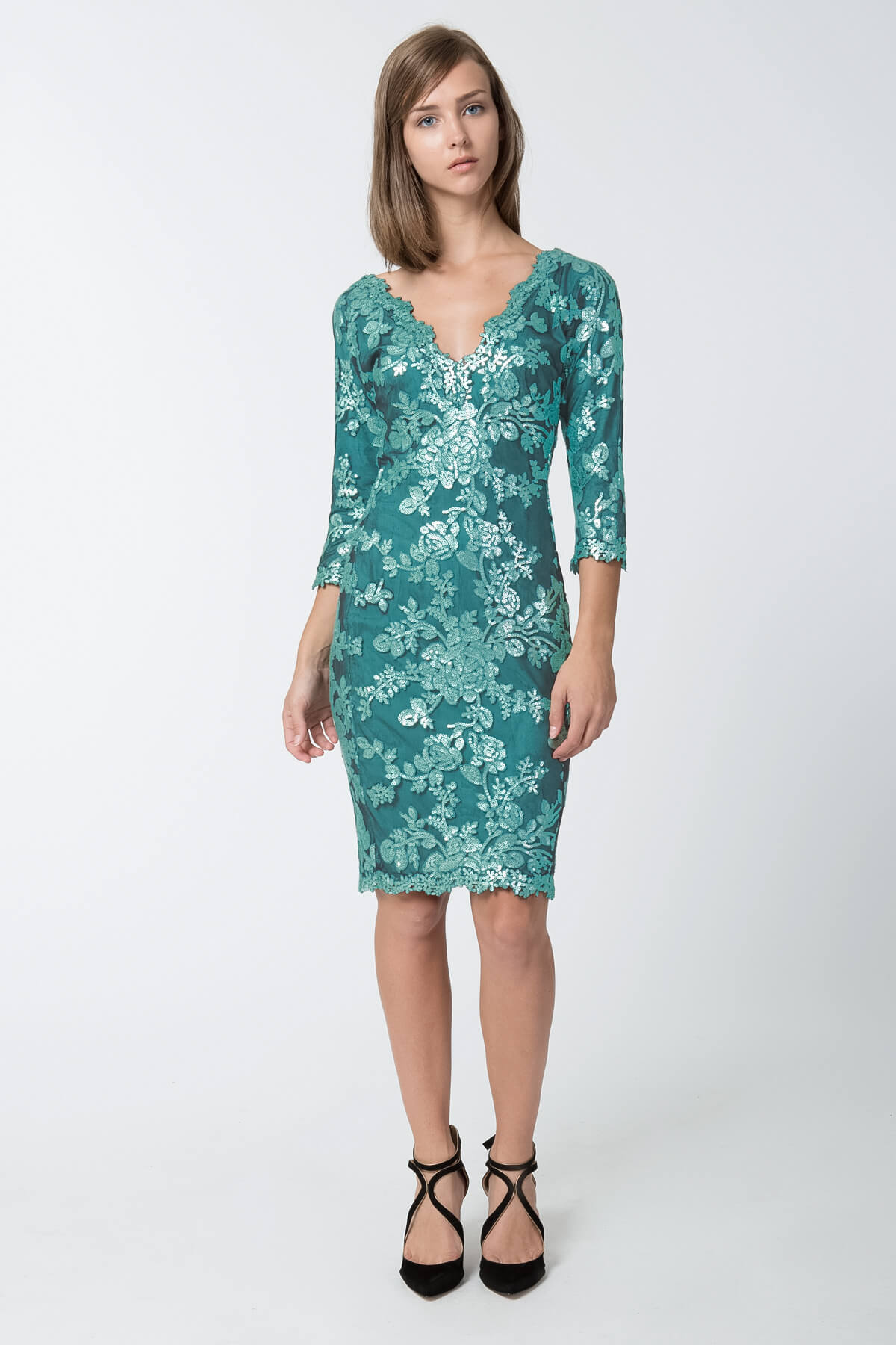 Paillette Embroidered Lace V-Neck ¾ Sleeve Dress in Mystic Teal