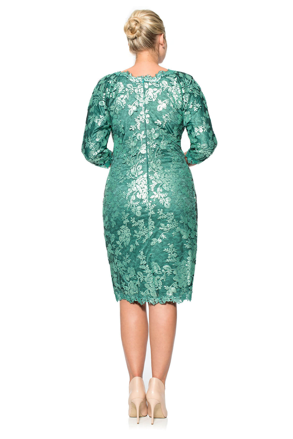 Paillette Embroidered Lace V-Neck ¾ Sleeve Dress in Mystic Teal