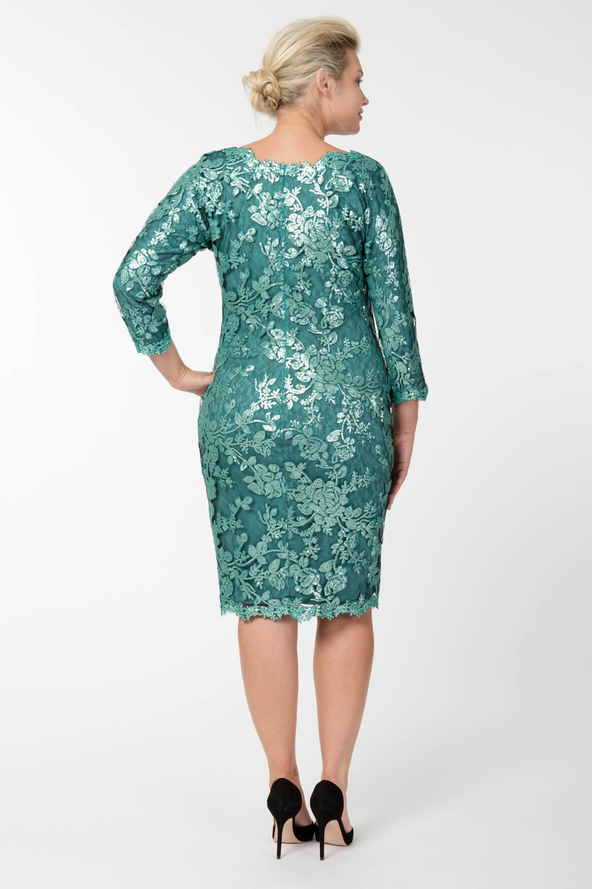 Paillette Embroidered Lace V-Neck ¾ Sleeve Dress in Mystic Teal