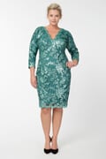 Paillette Embroidered Lace V-Neck ¾ Sleeve Dress in Mystic Teal