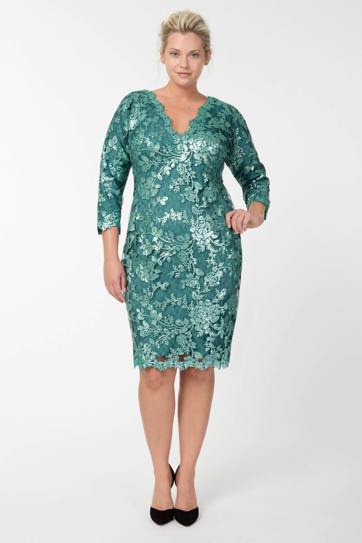 Paillette Embroidered Lace V-Neck ¾ Sleeve Dress in Mystic Teal
