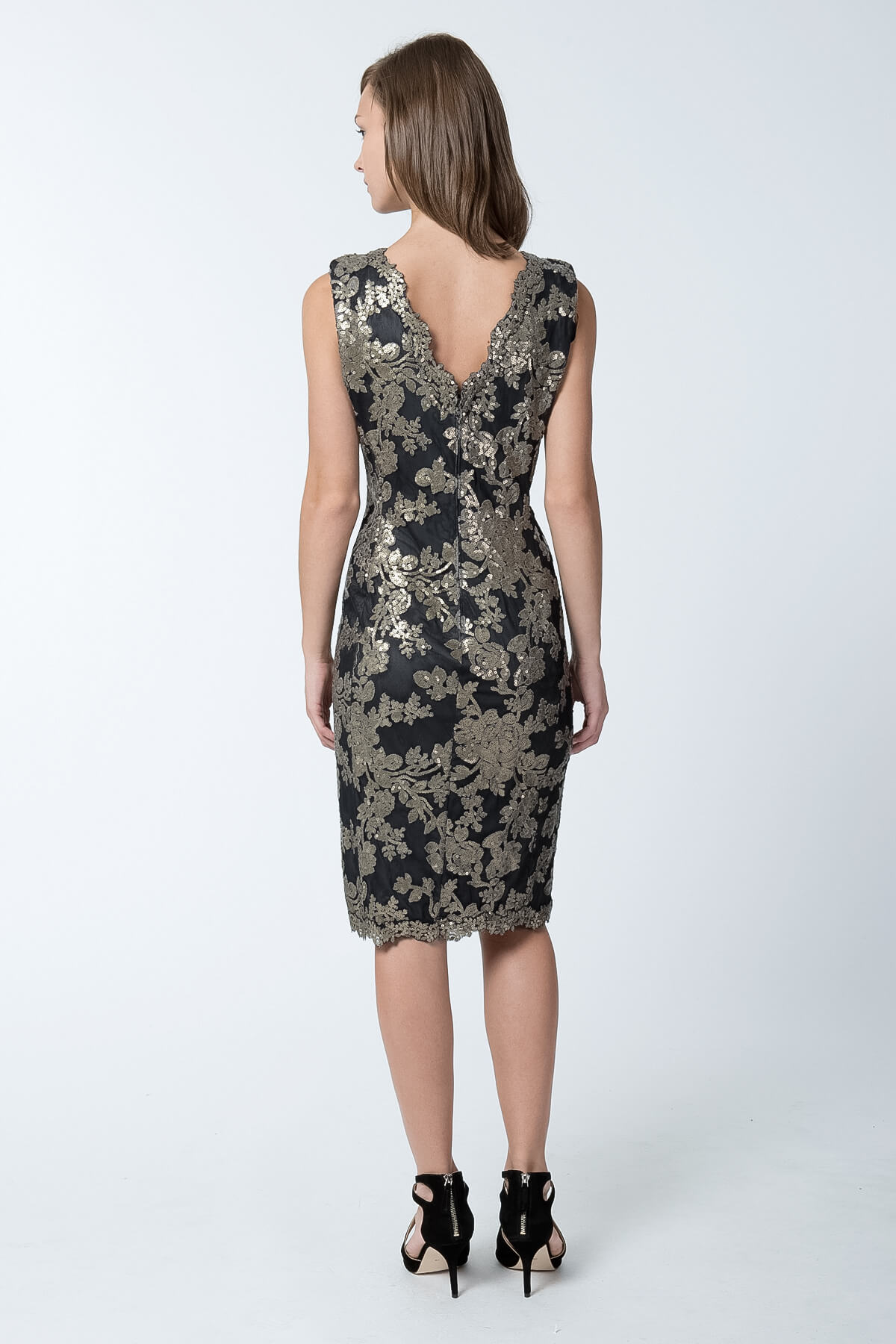 Paillette Embroidered Lace V-Neck Dress in Smoke Pearl