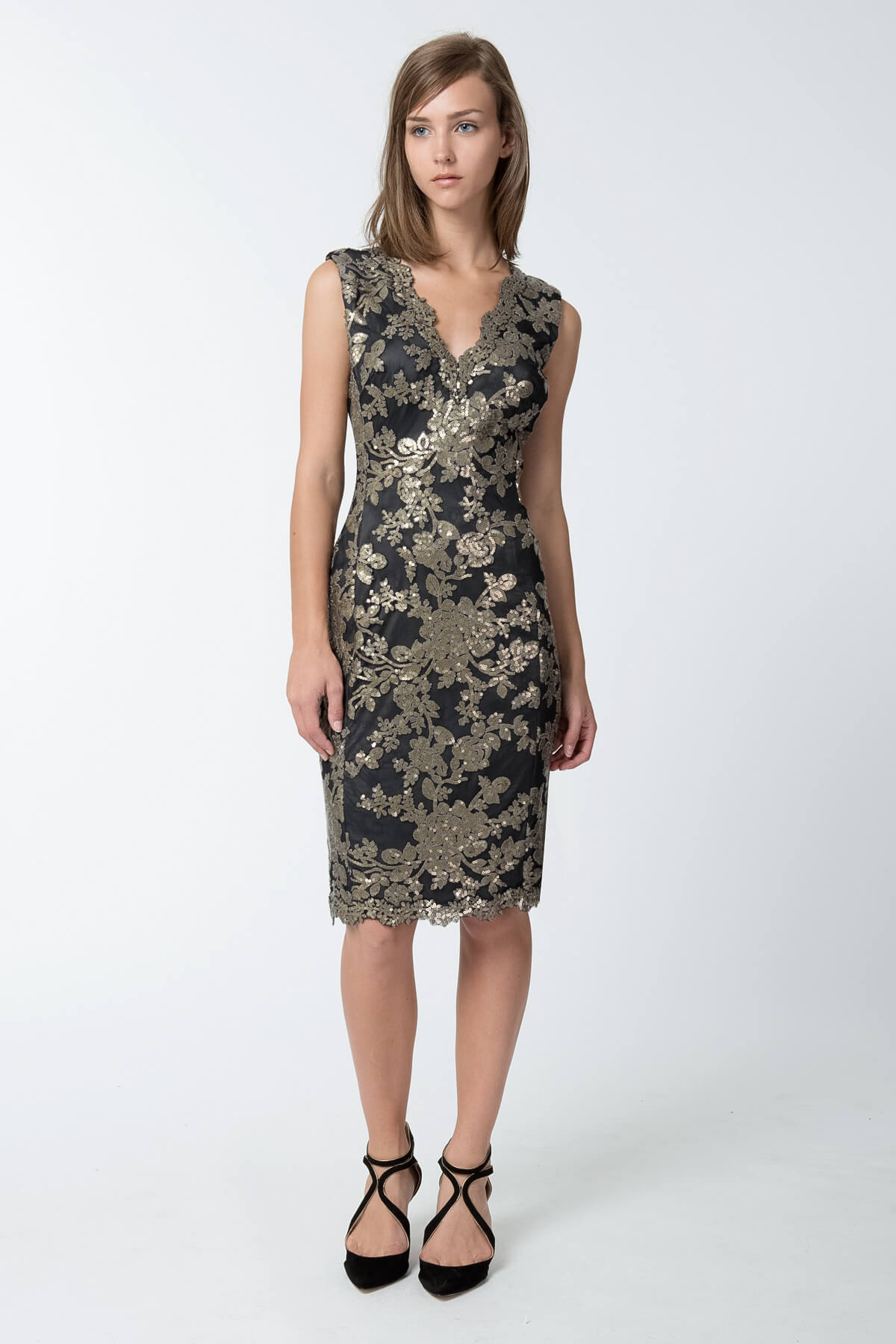 Paillette Embroidered Lace V-Neck Dress in Smoke Pearl