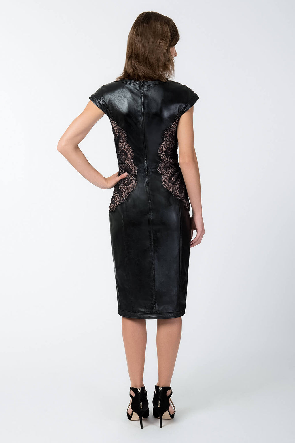 Leather and Lace Cap Sleeve Dress in Black / Pale Pink