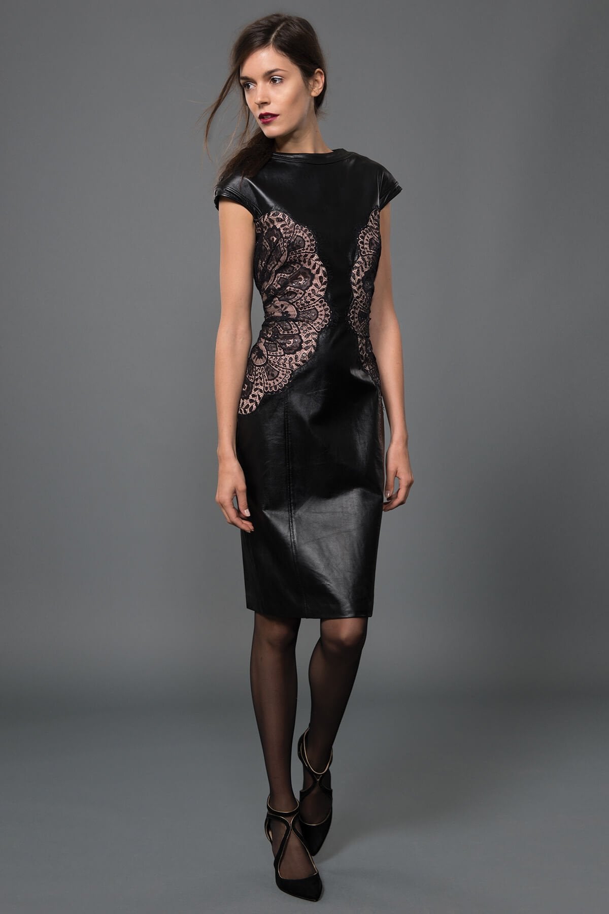 Leather and Lace Cap Sleeve Dress in Black / Pale Pink