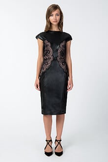 Leather and Lace Cap Sleeve Dress in Black / Pale Pink