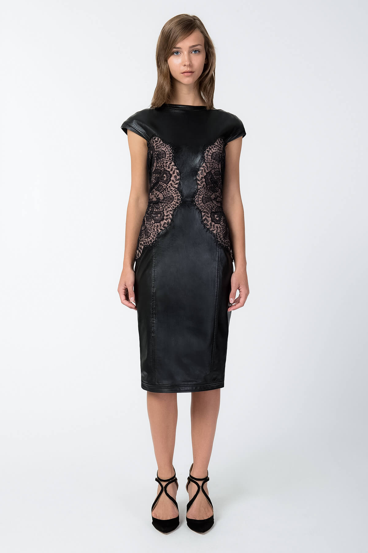 Leather and Lace Cap Sleeve Dress in Black / Pale Pink