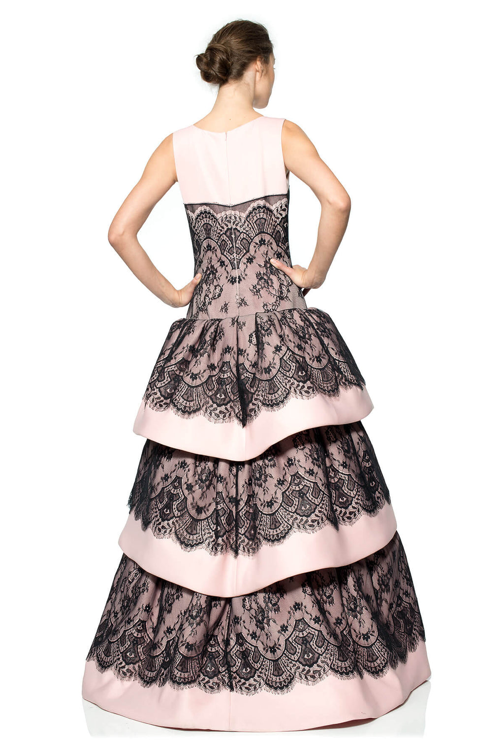 Neoprene Tiered Flounce Gown with Metallic Lace Overlay