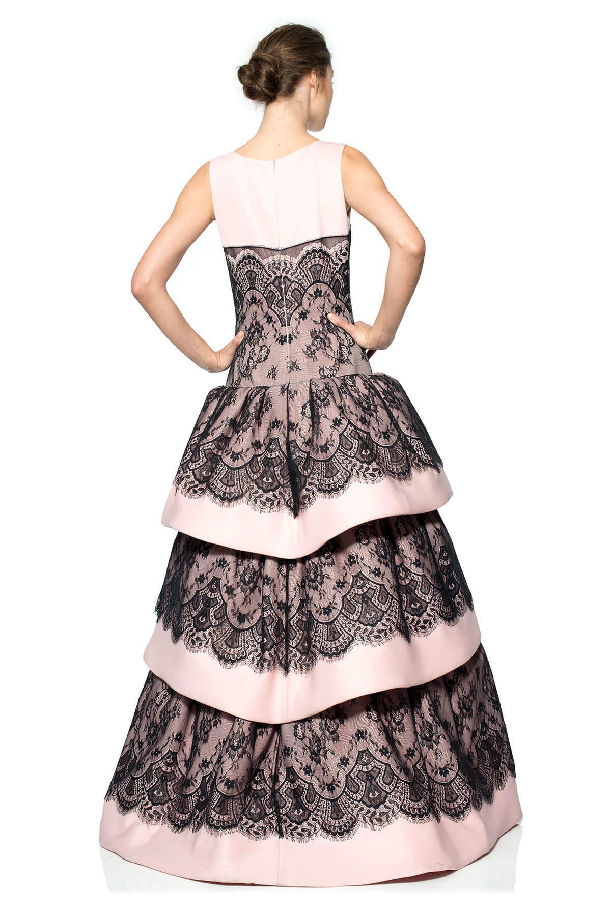 Neoprene Tiered Flounce Gown with Metallic Lace Overlay