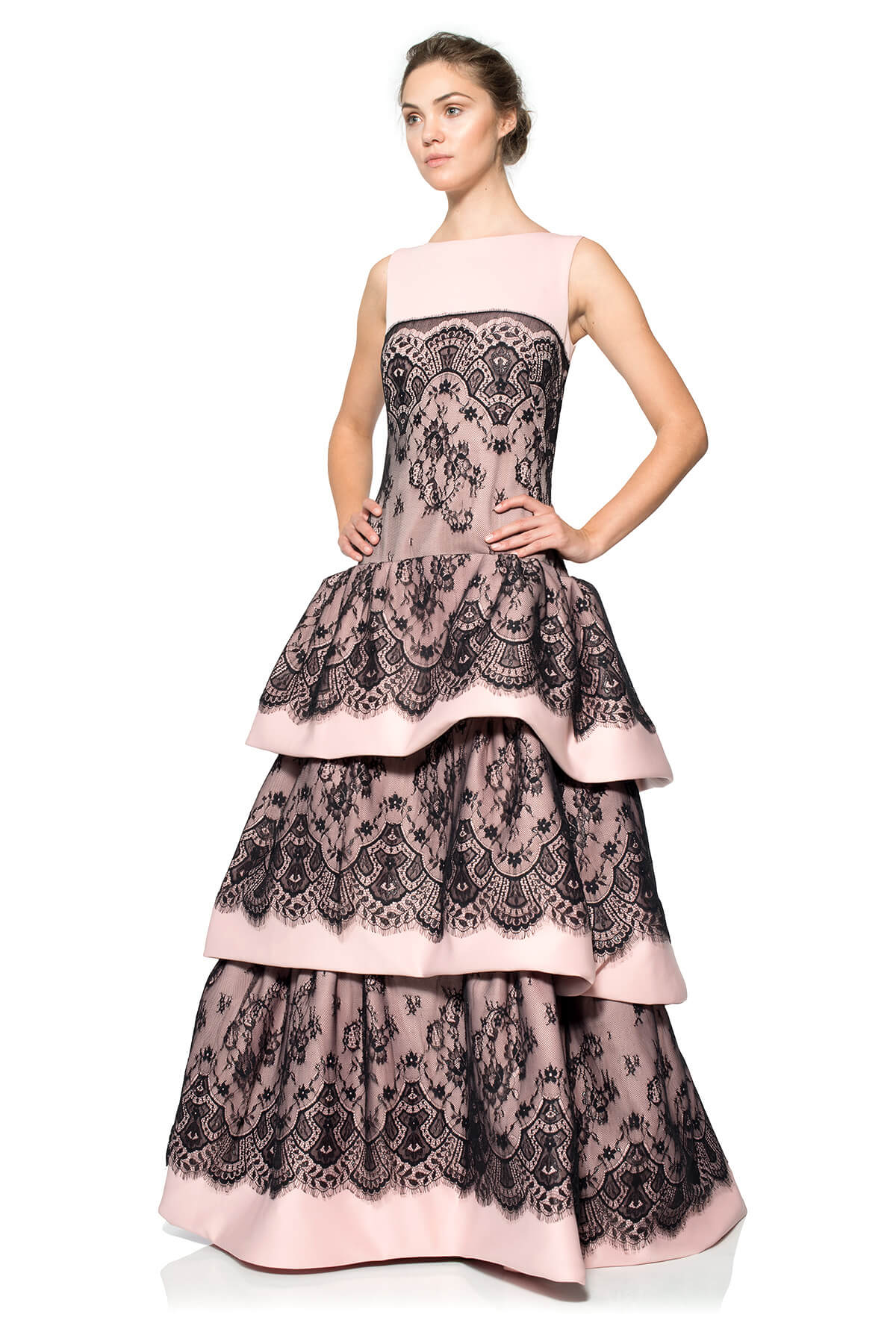 Neoprene Tiered Flounce Gown with Metallic Lace Overlay