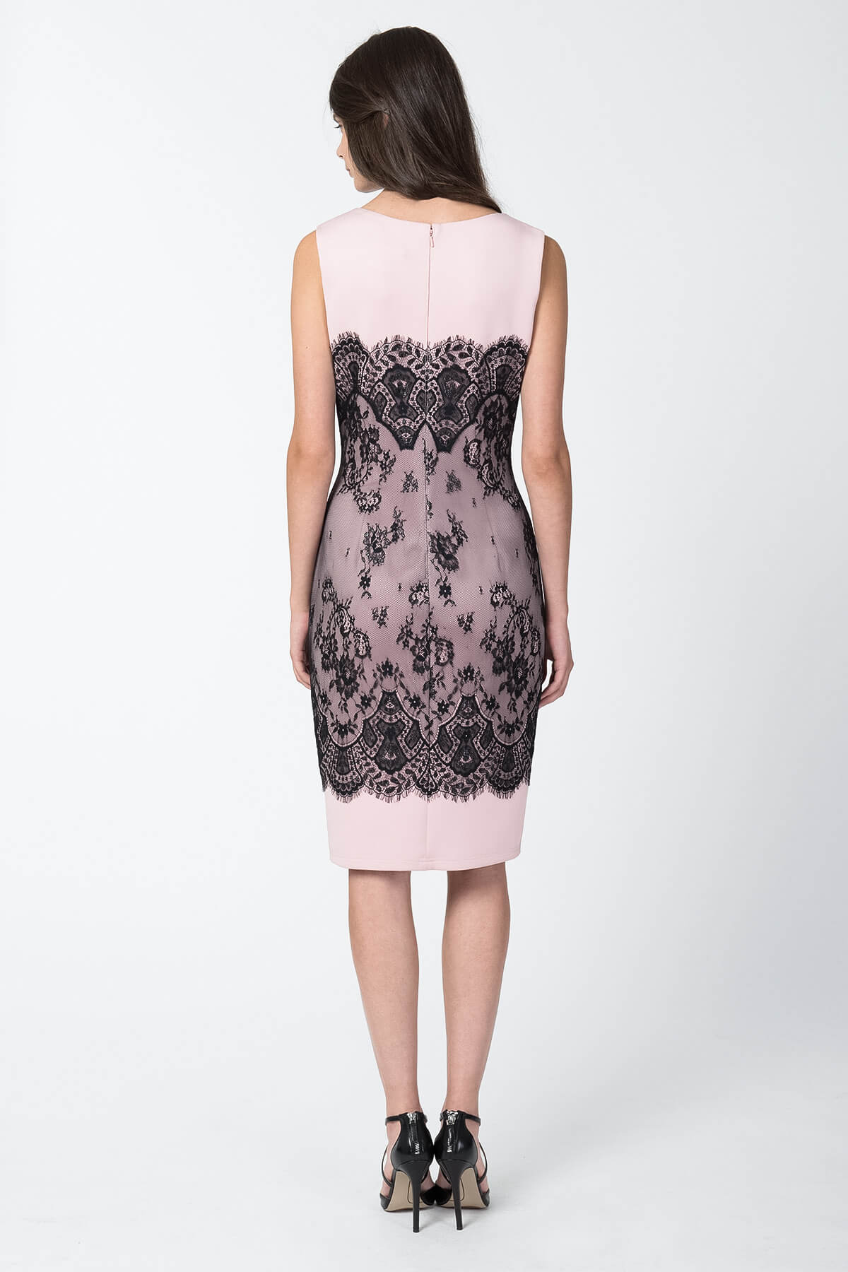 Neoprene and Metallic Lace Sheath Dress in Black / Pale Pink