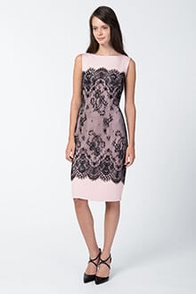 Neoprene and Metallic Lace Sheath Dress in Black / Pale Pink