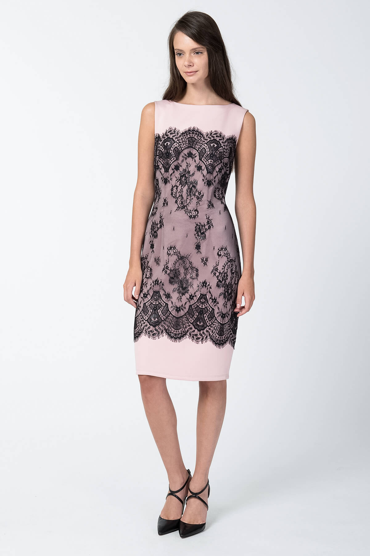 Neoprene and Metallic Lace Sheath Dress in Black / Pale Pink