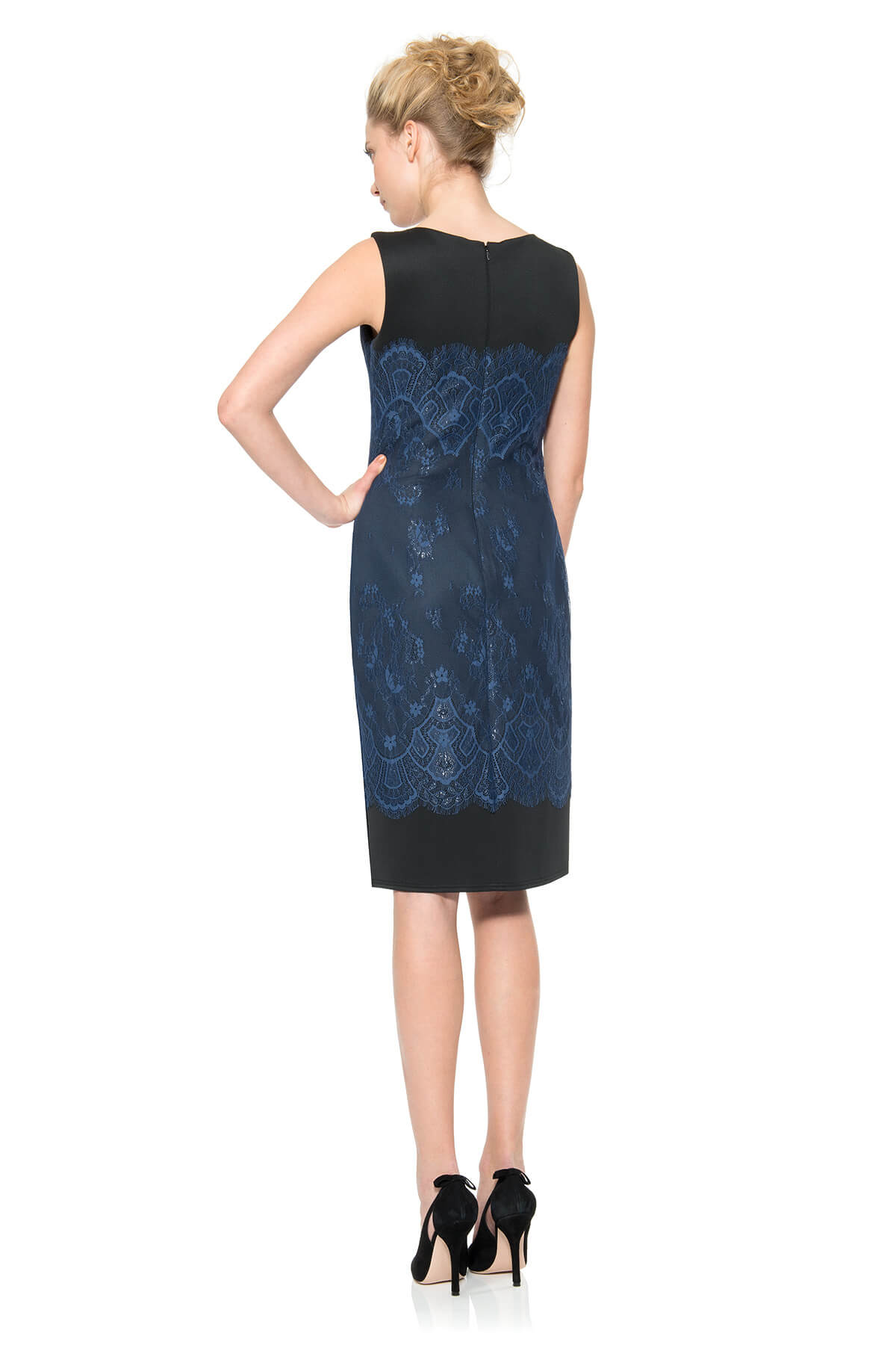 Neoprene and Metallic Lace Sheath Dress in Dusty Navy / Black