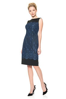 Neoprene and Metallic Lace Sheath Dress in Dusty Navy / Black