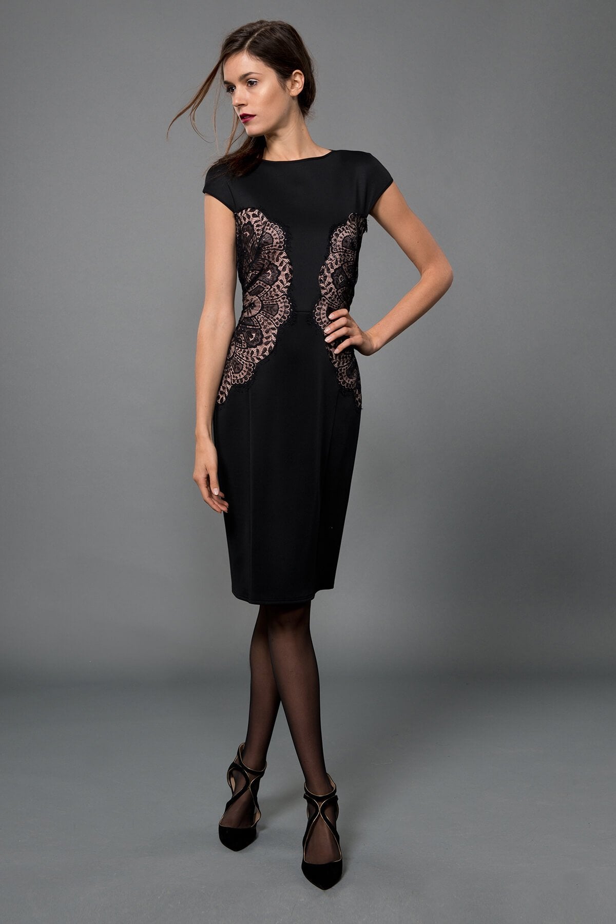 Neoprene and Lace Cap Sleeve Dress in Black / Pale Pink