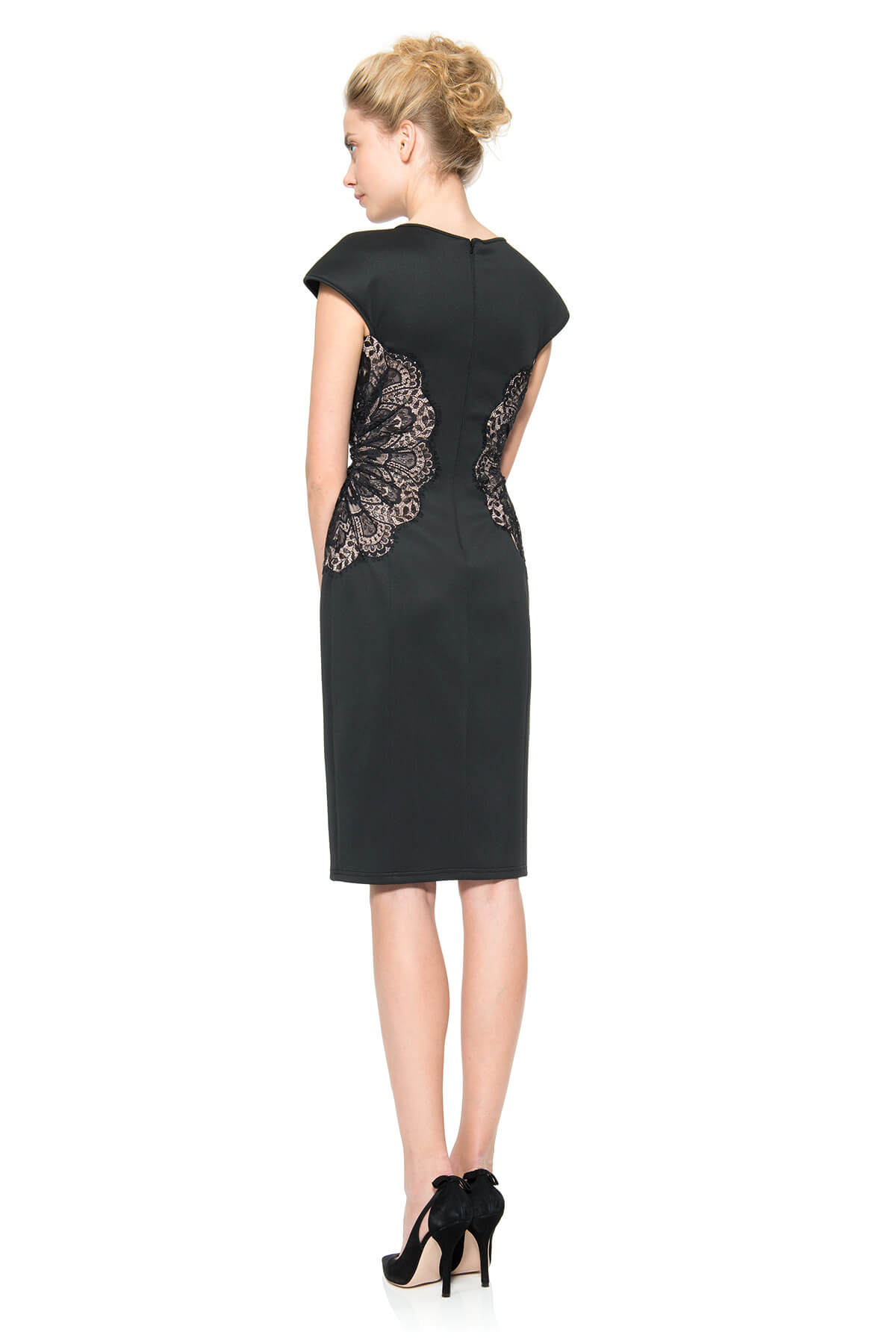 Neoprene and Lace Cap Sleeve Dress in Black / Pale Pink