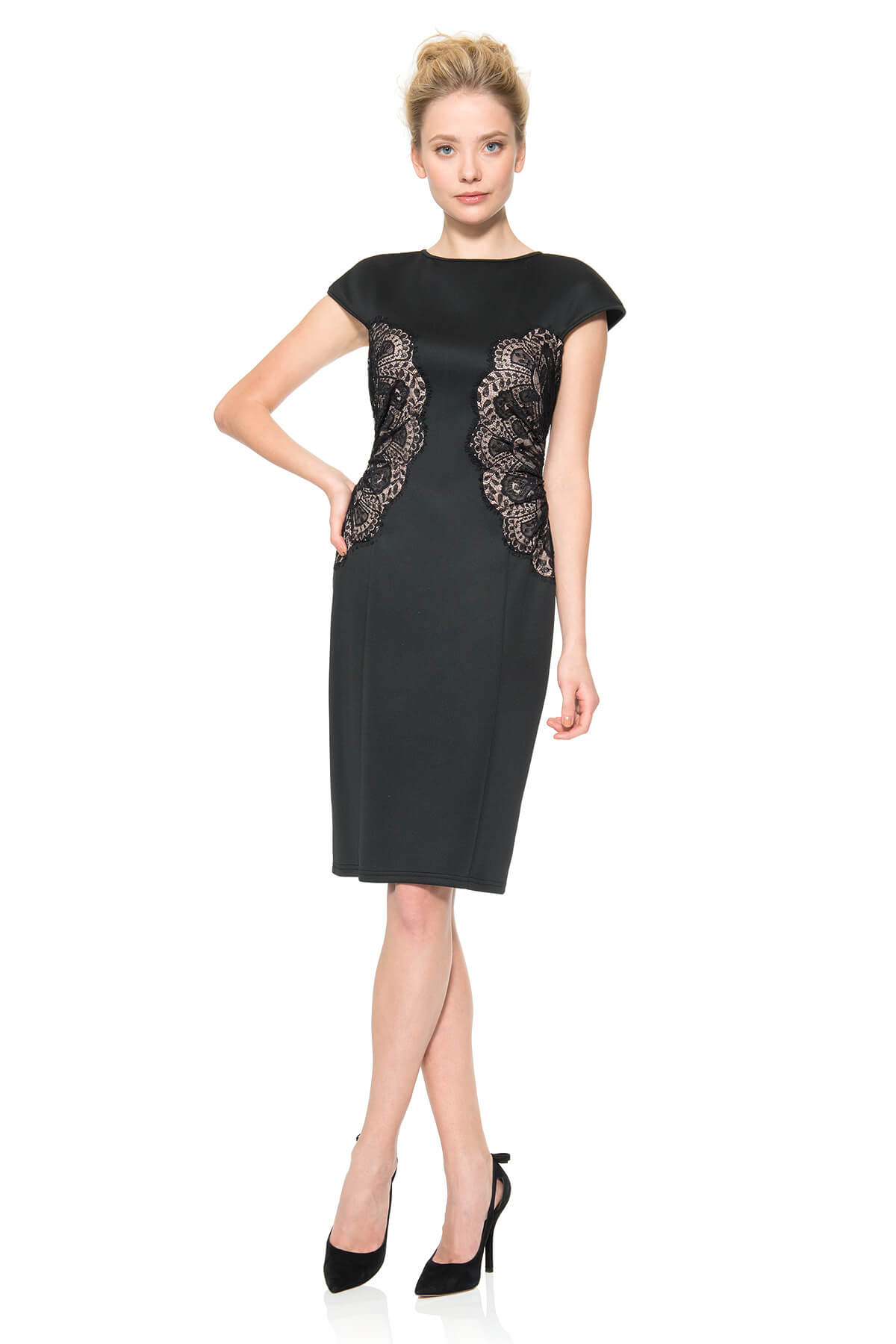 Neoprene and Lace Cap Sleeve Dress in Black / Pale Pink