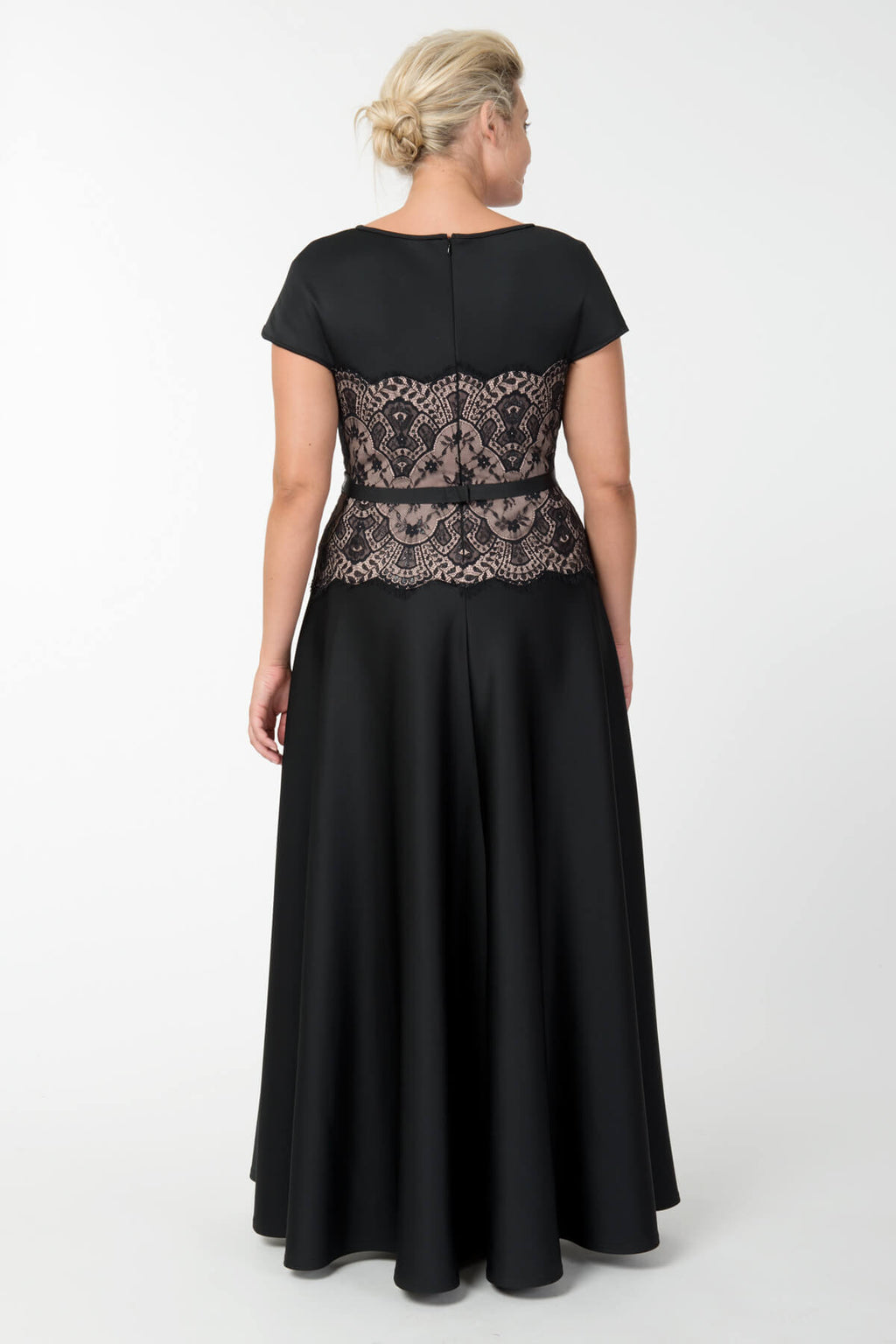 Neoprene & Lace Cap Sleeve Gown in Black / Pale Pink