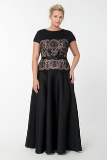 Neoprene & Lace Cap Sleeve Gown in Black / Pale Pink