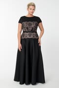 Neoprene & Lace Cap Sleeve Gown in Black / Pale Pink