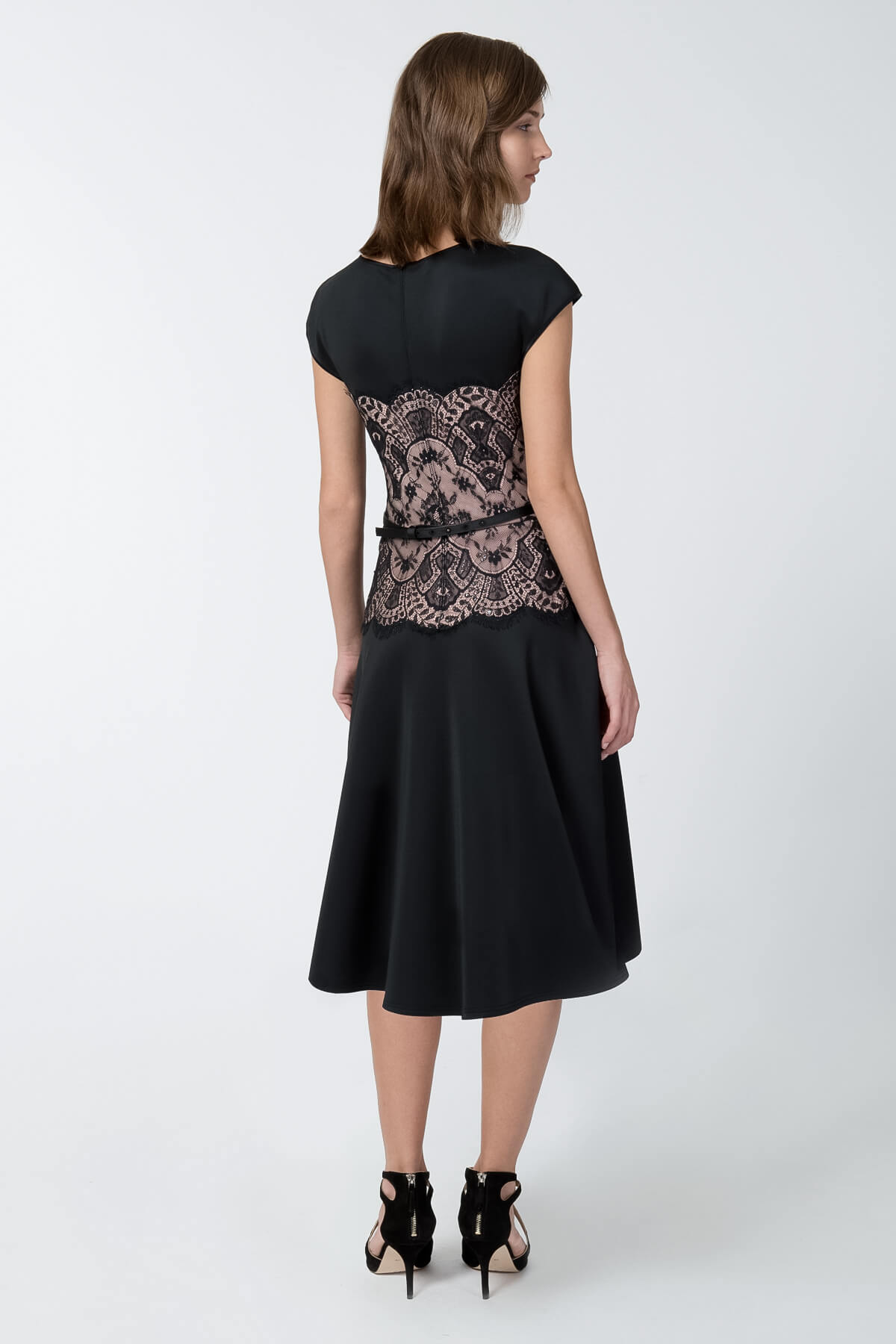 Neoprene and Lace Overlay A-Line Dress in Black / Pale Pink