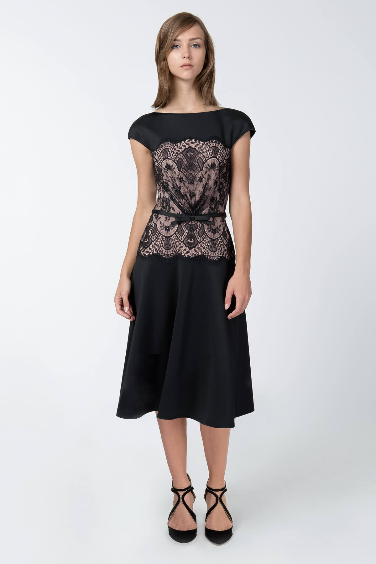 Neoprene and Lace Overlay A-Line Dress in Black / Pale Pink