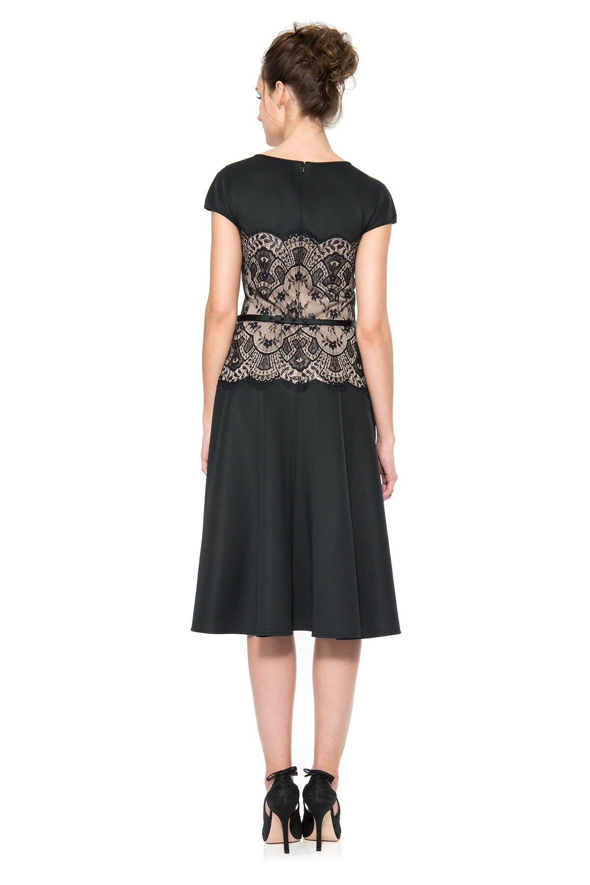 Neoprene and Lace Overlay A-Line Dress in Black / Pale Pink