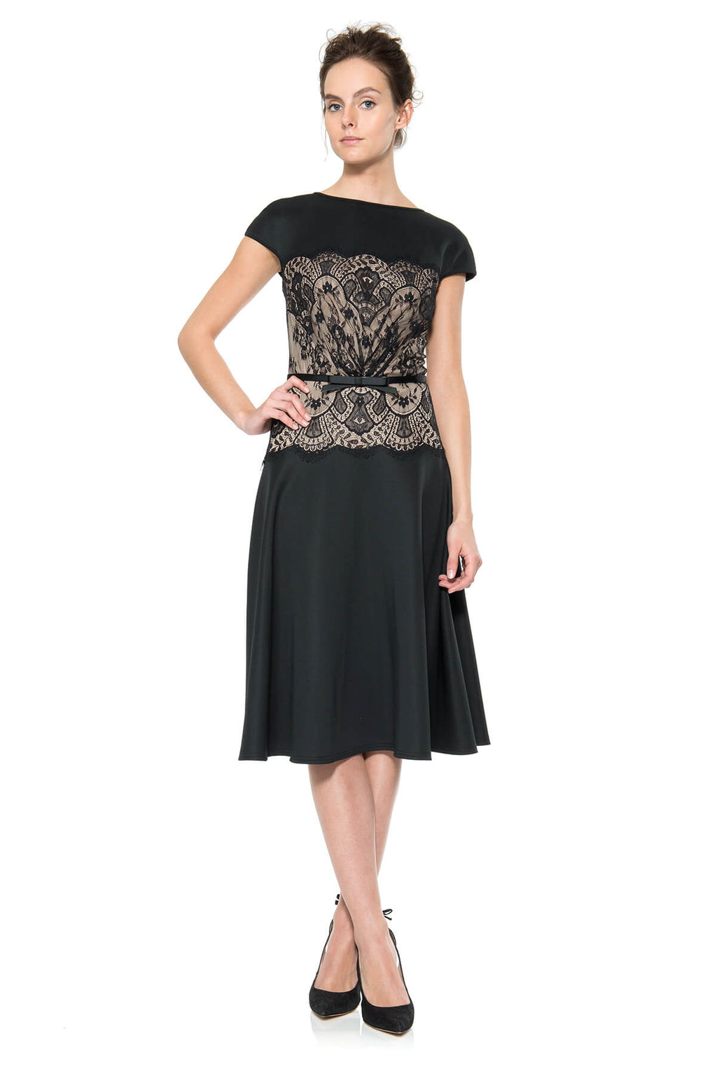 Neoprene and Lace Overlay A-Line Dress in Black / Pale Pink
