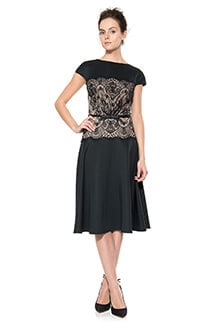 Neoprene and Lace Overlay A-Line Dress in Black / Pale Pink