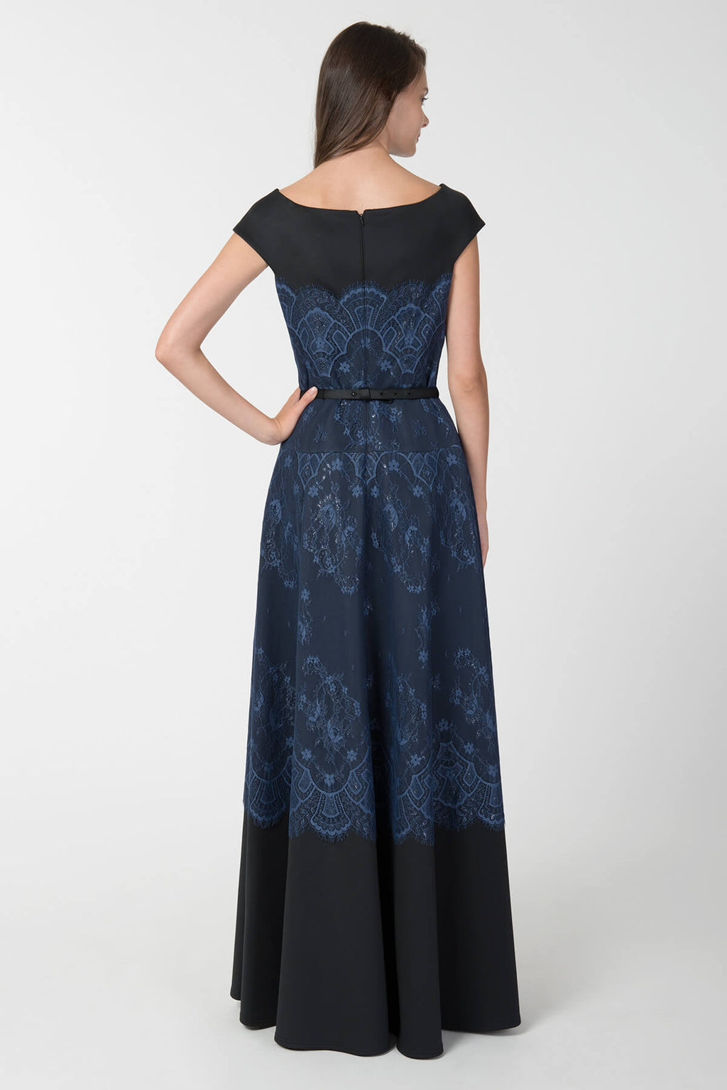 Neoprene & Lace Cap Sleeve Gown in Dusty Navy / Black