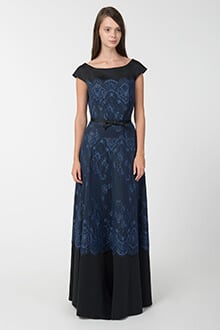 Neoprene & Lace Cap Sleeve Gown in Dusty Navy / Black