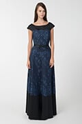 Neoprene & Lace Cap Sleeve Gown in Dusty Navy / Black