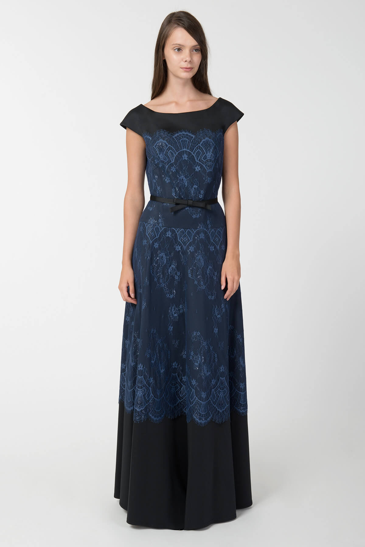 Neoprene & Lace Cap Sleeve Gown in Dusty Navy / Black