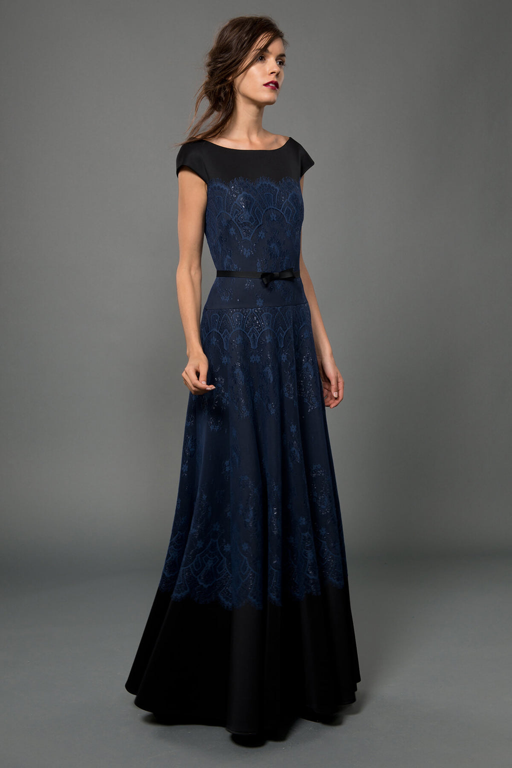 Neoprene & Lace Cap Sleeve Gown in Dusty Navy / Black