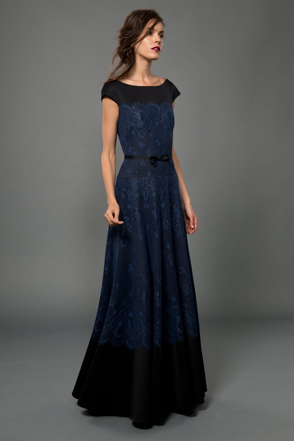 Neoprene & Lace Cap Sleeve Gown in Dusty Navy / Black