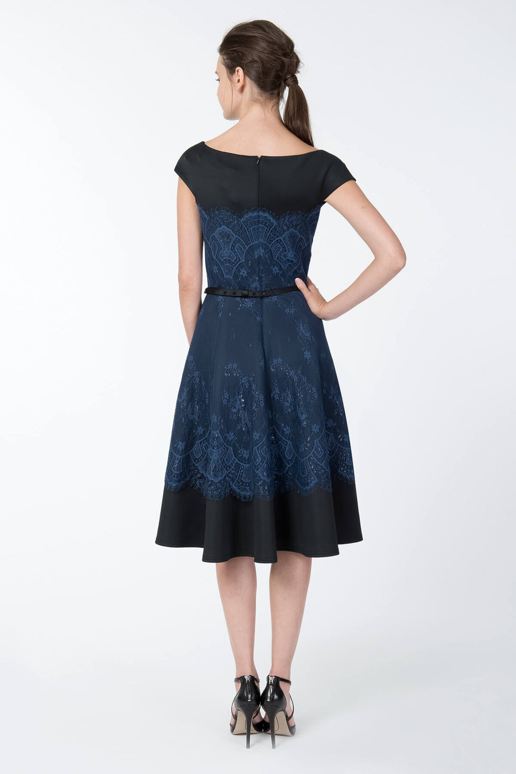 Neoprene and Lace Overlay A-Line Dress in Dust Navy / Black