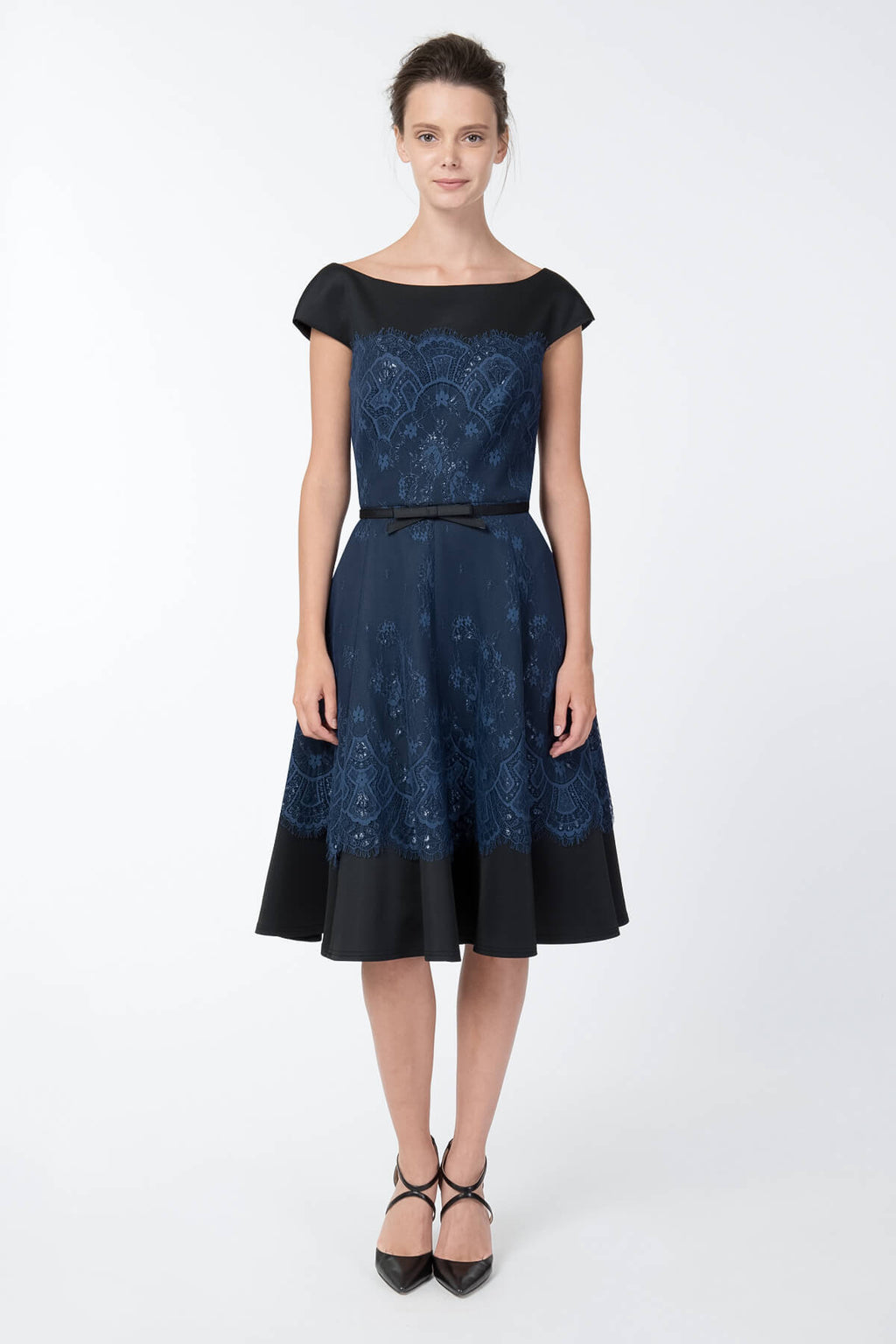 Neoprene and Lace Overlay A-Line Dress in Dust Navy / Black