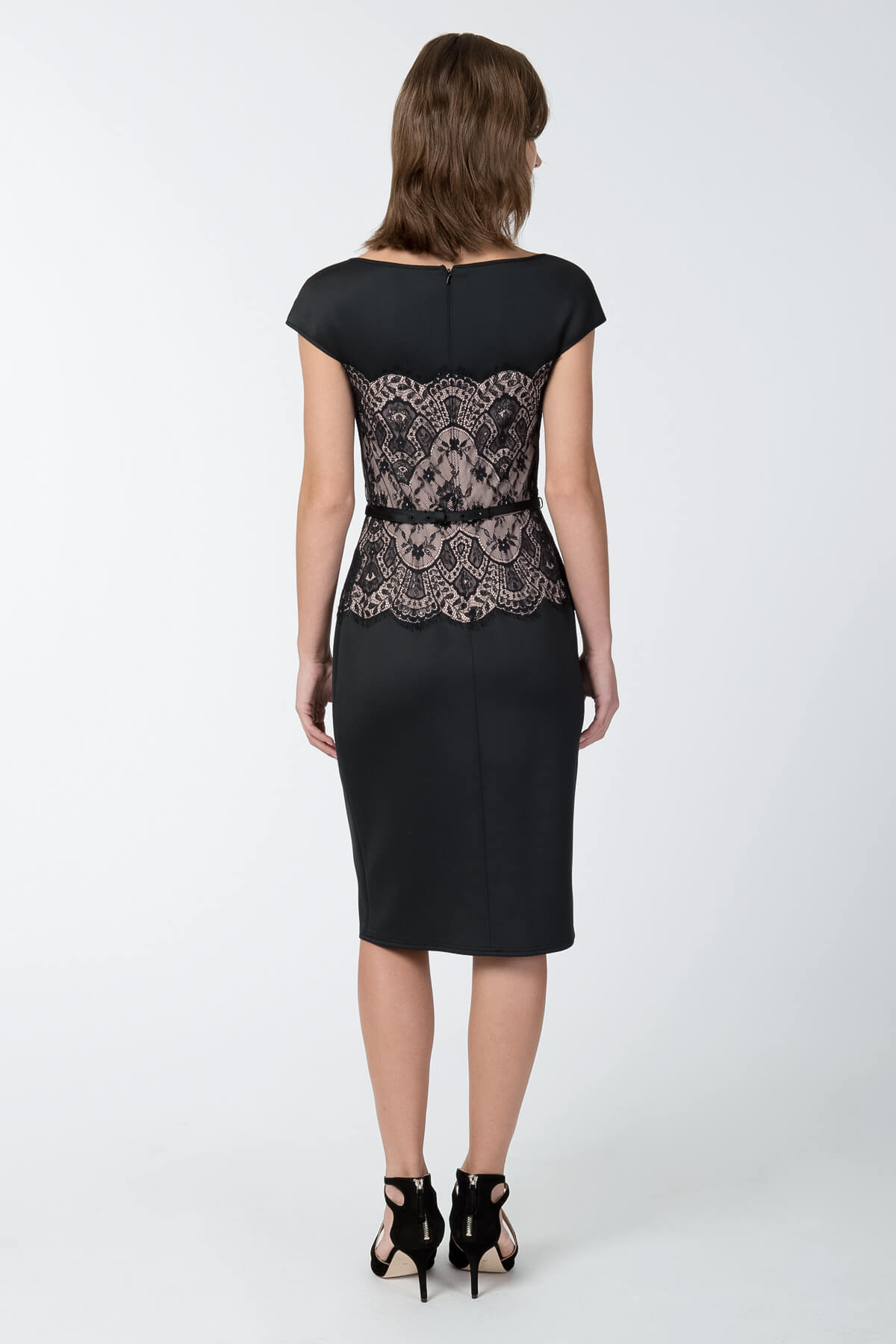 Neoprene and Lace Overlay Dress in Black / Pale Pink