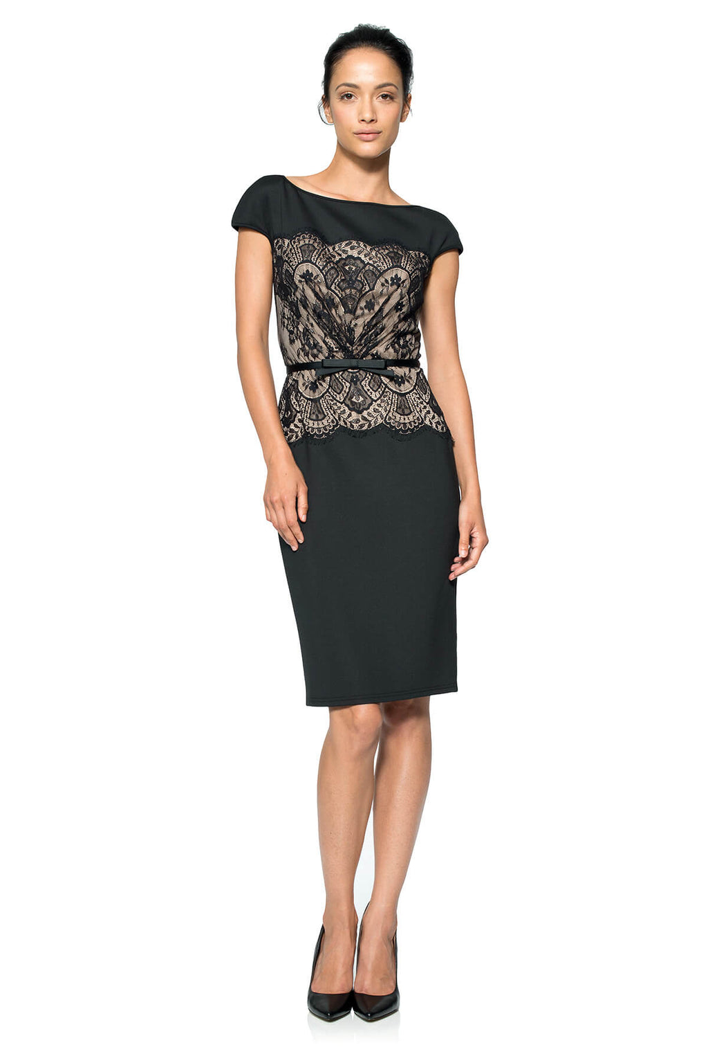 Neoprene and Lace Overlay Dress in Black / Pale Pink