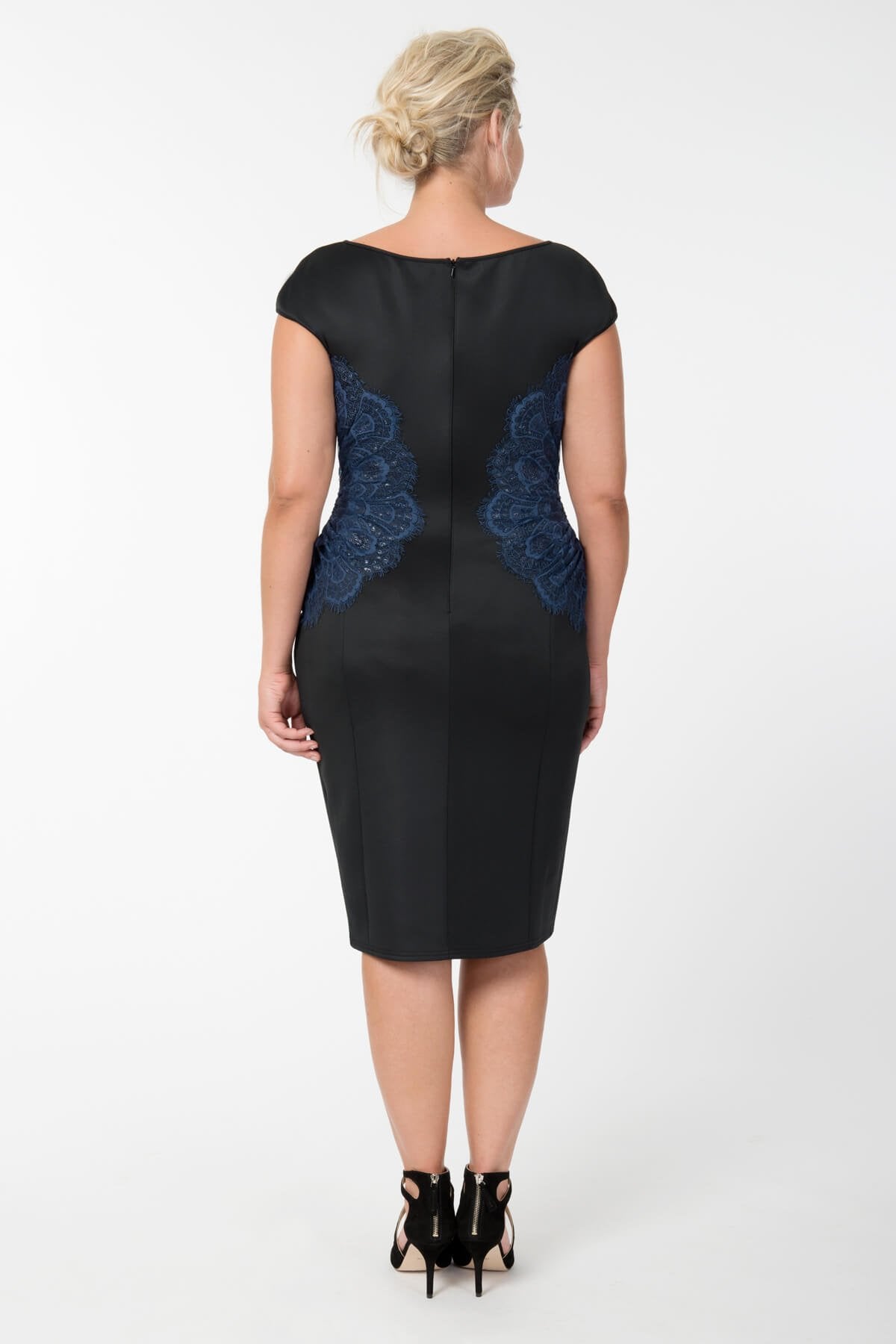 Neoprene and Lace Sheath in Dusty Navy / Black