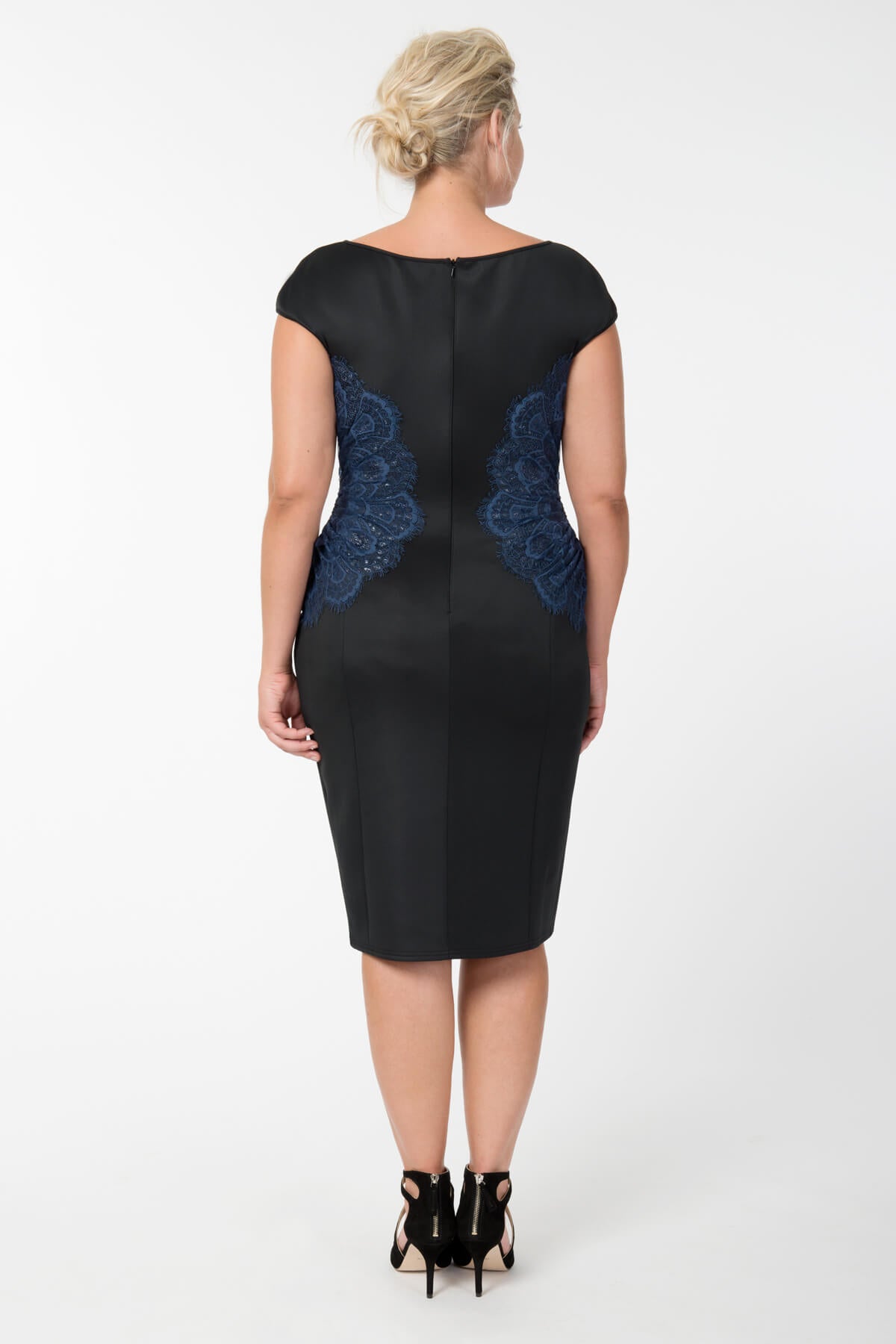 Neoprene and Lace Sheath in Dusty Navy / Black