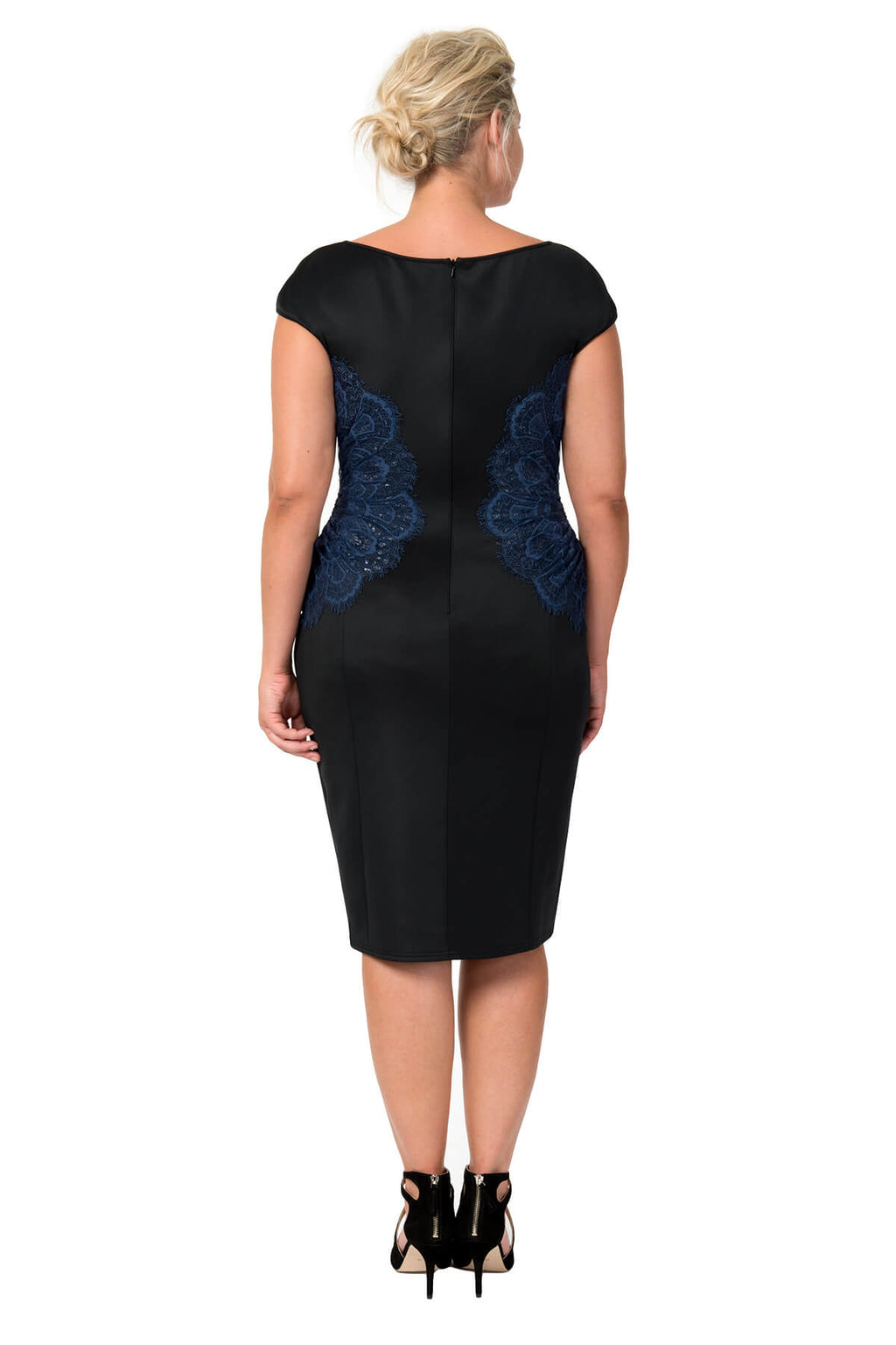 Neoprene and Lace Sheath in Dusty Navy / Black