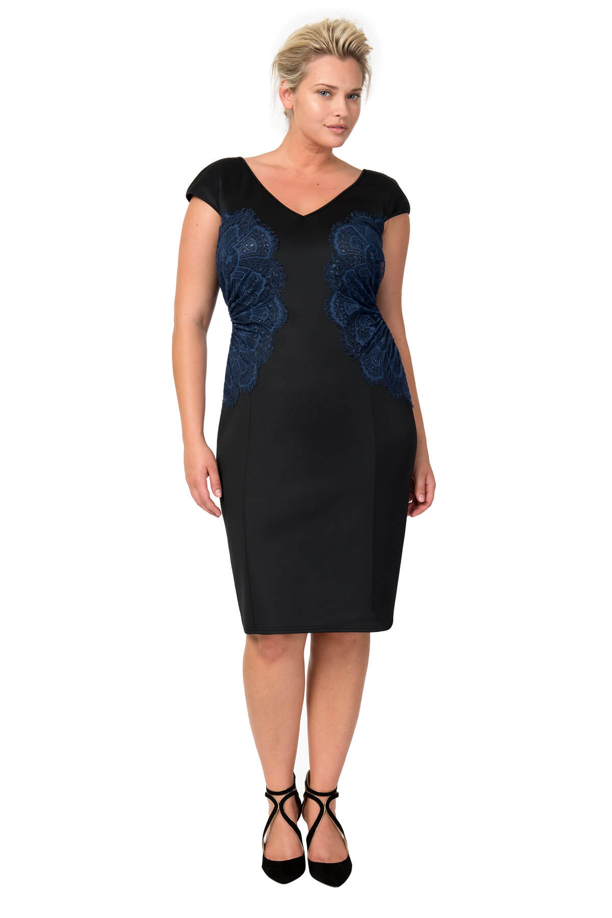 Neoprene and Lace Sheath in Dusty Navy / Black
