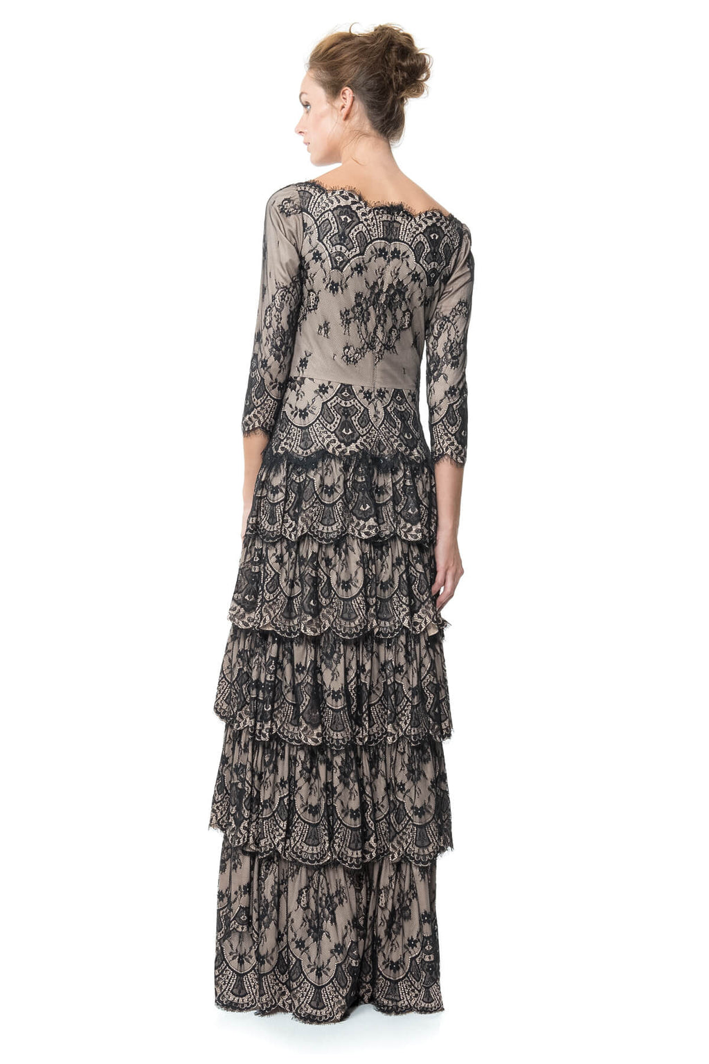 Metallic Lace Tiered Bateau Gown in Black / Pale Pink